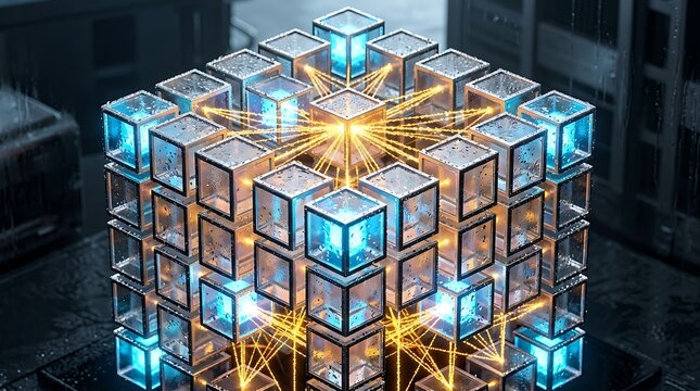 Advanced AI network visualization of a multi-agent system within a 3D isometric cube matrix, symbolizing enterprise technology and digital transformation. 