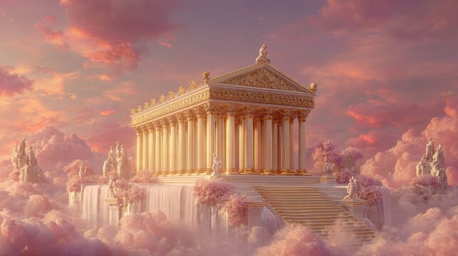 Fantasy, mysterious, wallpaper. A vivid portrayal of a grand, neoclassical temple, set against a backdrop of fluffy white clouds. The temple is adorned with intricate golden detailing.