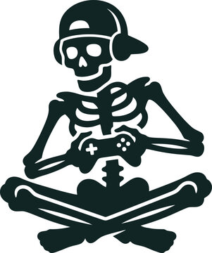 Black silhouette of a funny skeleton wearing a cap and headphones while sitting and playing a video game with a controller in a relaxed cross legged position