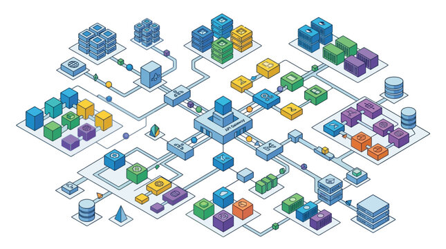 Isometric vector illustration of an API Gateway hub connected to multiple microservices, data servers, cloud computing nodes, and system infrastructure in a flat geometric style.