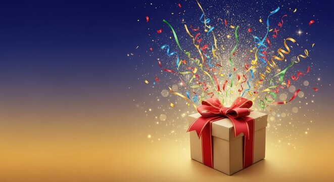 Surprise gift box bursting with colorful confetti and streamers for celebration