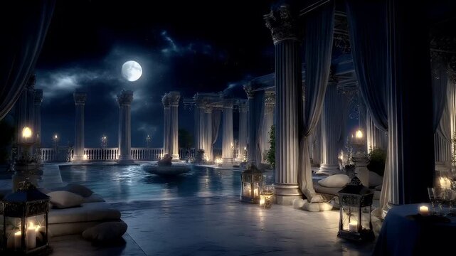 Space universe exploration, fantasy, mysterious. A nighttime scene depicts an opulent, classicalstyle gazebo or pavilion. A grand pool is the main subject, surrounded by tall.