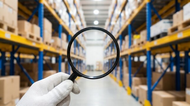 Thorough inventory inspection using a magnifying glass within a modern industrial warehouse, emphasizing precise quality control and efficient logistics management
