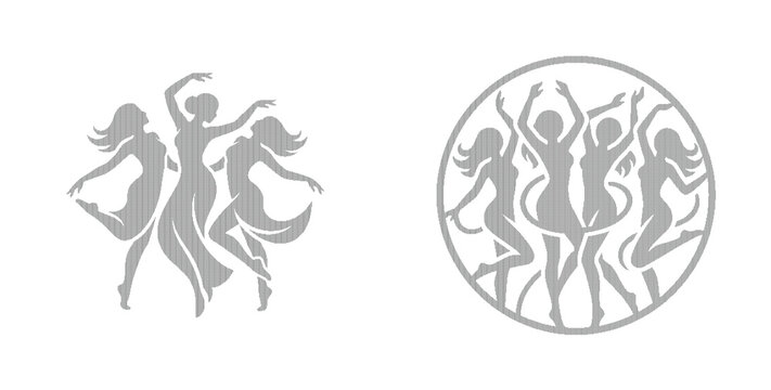 Elegant dancing women silhouettes, graceful female dancers in motion, grey vector icons set for wellness and beauty branding