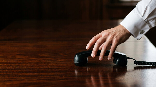Man hand white shirt cuff placing black telephone handset on dark desk insider trading finance gesture concept copy space.