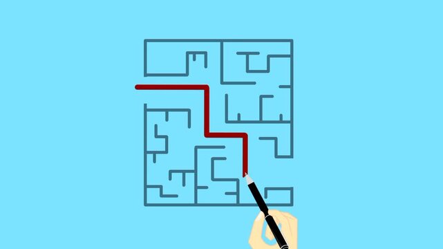 Business hand searching exit path through maze puzzle. Symbol of strategy, challenge, solution, and decision making