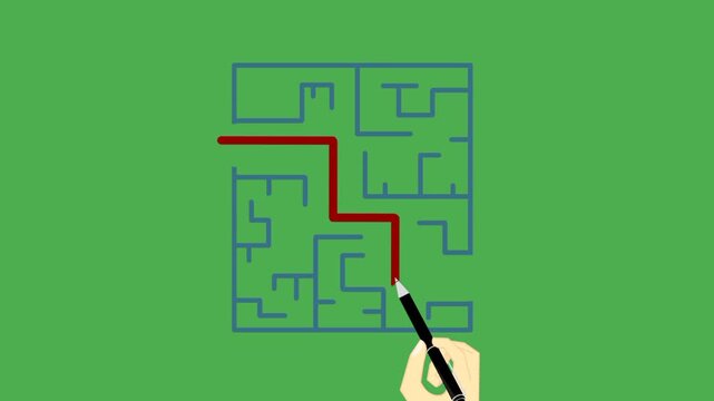 Business hand searching exit path through maze puzzle. Symbol of strategy, challenge, solution, and decision making