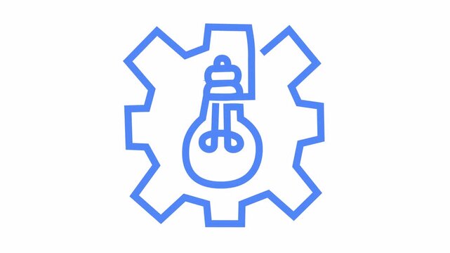 Innovative engineering icon with blue line art electric light bulb and mechanical gear graphic cartoon animation isolated on an alpha channel for technical idea generation element concept.