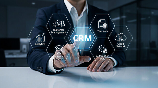 Professional businessman using a digital interface to manage customer relationship software in a modern office environment