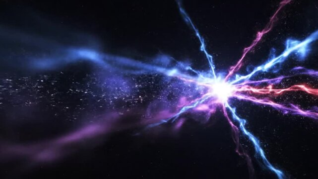 A bright explosion of colorful energy radiates through the dark void of space