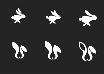Fototapeta premium Set of Minimalist White Rabbit Running and Abstract Head Icons on Dark Background
