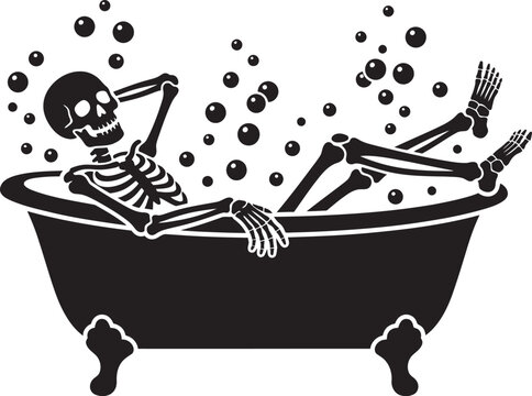 Funny skeleton relaxing in a bathtub full of soap bubbles