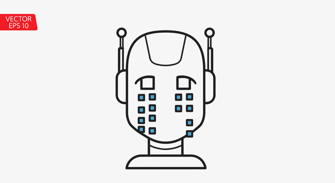Crying Robot Head Line Art Icon