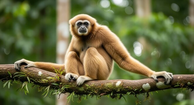 Lar gibbon resting on tree branch in tropical rainforest