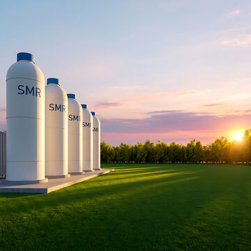 
Group of smr or small modular nuclear reactors power plant against twilight sky