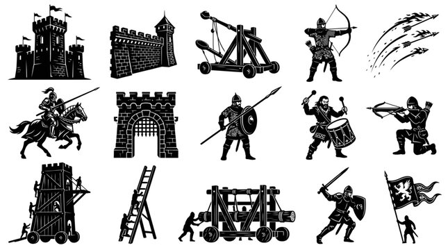 Medieval Warfare Vector Icon Set with Knights, Castles, Siege Engines, and Soldiers - Black and White Glyphs.