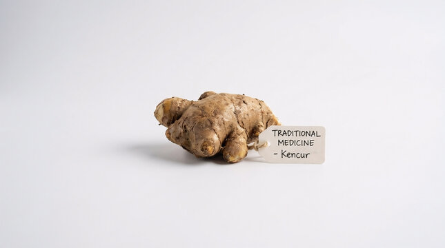 Aromatic Ginger Rhizome (Kencur) with a Traditional Medicine Label Isolated on a Plain White Background