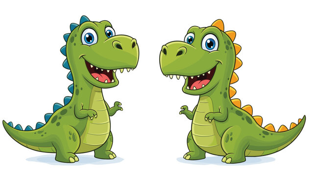 Two friendly green tyrannosaurus rex dinosaurs standing together and smiling, showing their small arms and jagged backs.