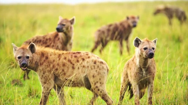 Group of Spotted Hyenas Resting in the Open Savanna Grassland