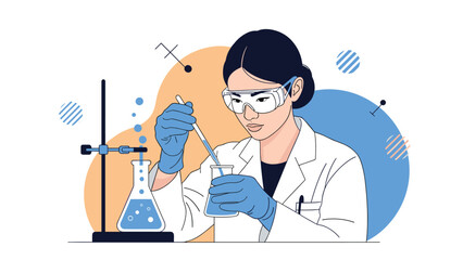 Fototapeta premium Dedicated female scientist in a lab coat and safety goggles using a pipette to conduct an experiment with blue chemicals in a modern laboratory.