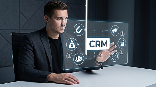 Professional man interacting with a digital interface showing customer relationship management software symbols in an office