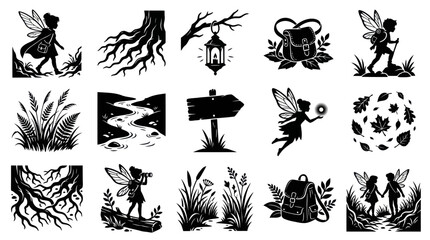 Obraz premium Black and White Silhouette Icons of Fairies, Nature, and Backpacks for Fantasy Design