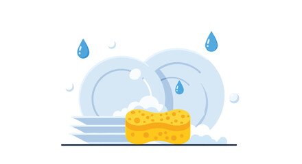 Fototapeta premium A yellow sponge cleaning dirty dishes with soap suds and water droplets on a blue plate