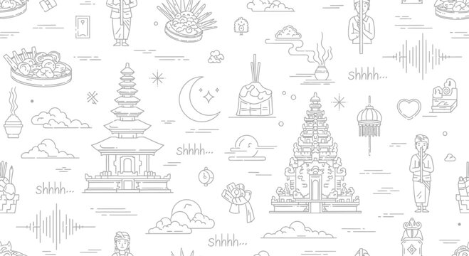 Nyepi Day Seamless Pattern with Balinese Temple and Silence Concept