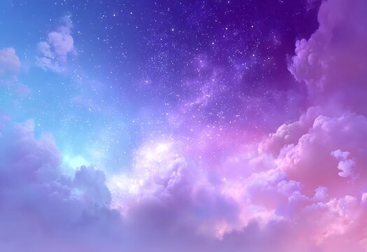Sparkling starry sky and clouds background illustration, blue and purple night sky.