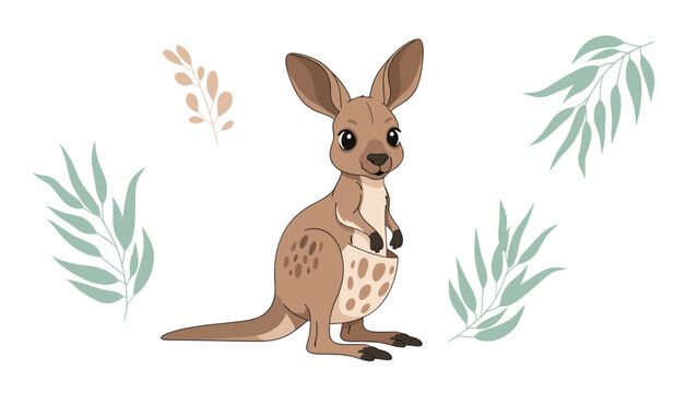 Adorable baby kangaroo standing among green eucalyptus leaves in a whimsical nature illustration for kids and nurseries.
