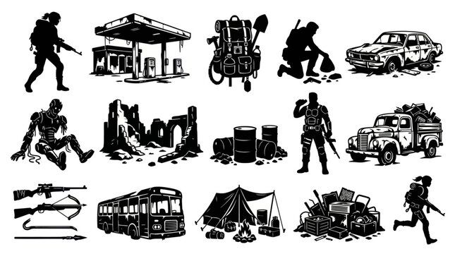 Black  White Grunge Vector Art: Post-Apocalyptic Survival Dystopian Elements Collection