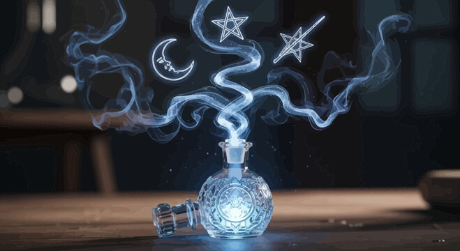 Magical Glowing Potion Bottle with Ethereal Smoke and Celestial Symbols