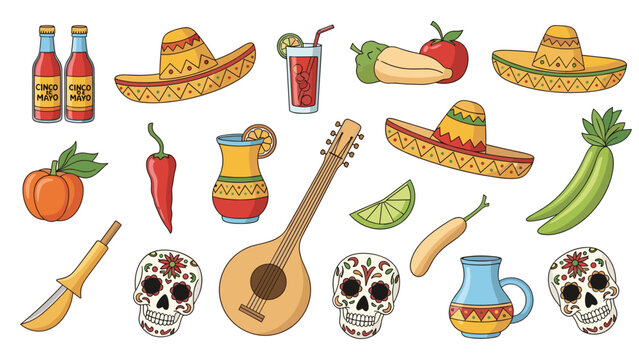 Large collection of Mexican culture icons including sombreros, chili peppers, guitars, and decorated sugar skulls set.