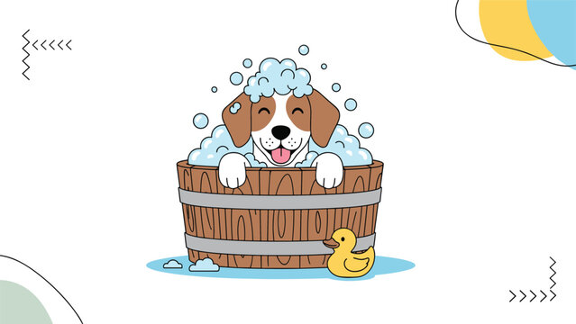 Joyful dog sitting in a wooden wash tub filled with soap bubbles and a small yellow rubber duck in a bath time scene.