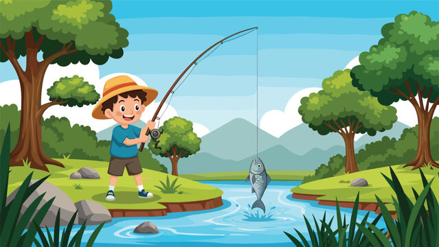 Excited young boy fishing at a beautiful river surrounded by green trees and distant blue mountains in a nature scene.