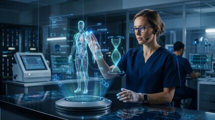Fototapeta premium Female scientist interacting with holographic human body in laboratory.