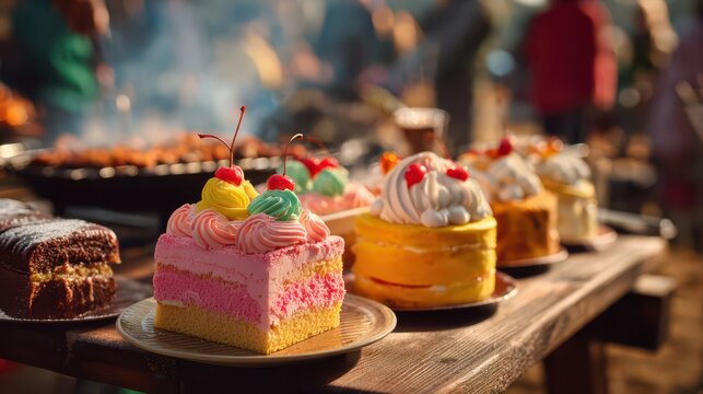 Pastel mini cakes with whipped frosting cherries and layered sponge for world cake day menu and party banner design