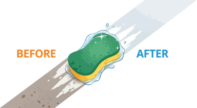 Cleaning sponge effectively removing dirt and grime from a surface, before and after comparison