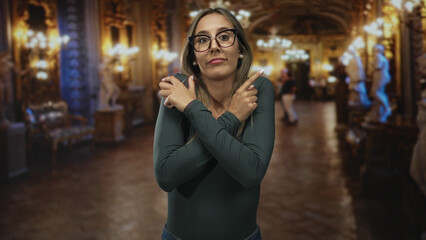 Fototapeta premium Young woman with crossed arms and glasses, wearing pearl earrings and long sleeves, inside ornate museum building; rejection introspection.
