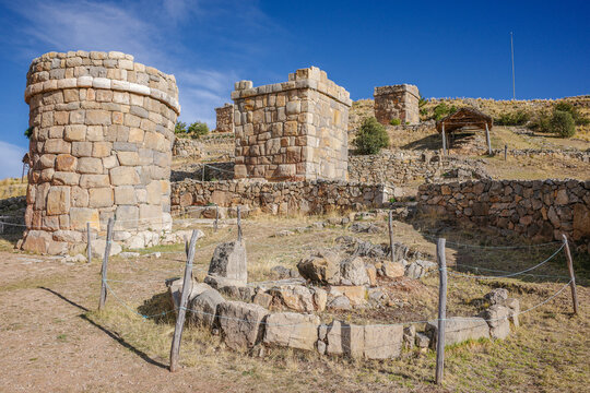 Puno, Peru - 28 Nov 2025: Chullpas of Molloco, funerary towers on the shores of Lake Titicaca