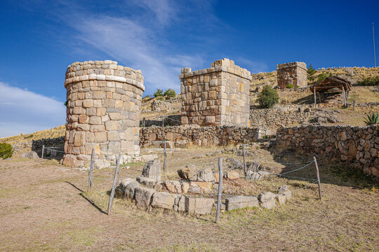 Puno, Peru - 28 Nov 2025: Chullpas of Molloco, funerary towers on the shores of Lake Titicaca