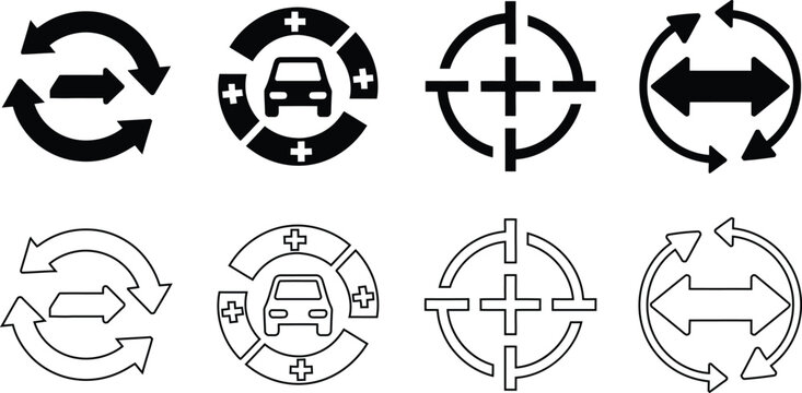 Black and outline circular process icons, automotive service, rotation, synchronization, precision target, bidirectional exchange vector illustration