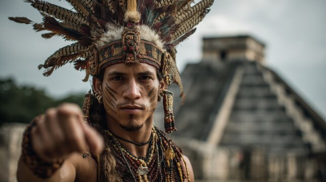 Maya Aztec civilization, Mexico culture. Mysterious, fantasy. A vivid portrayal of a man wearing a feathered headdress, standing in front of a pyramid.