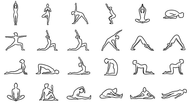 Figures yoga poses set with black outline illustrations, various stretching and meditation exercises.