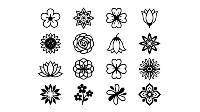 Flowers floral line icon set with outlined petals and decorative blossoms in simple monochrome vector style