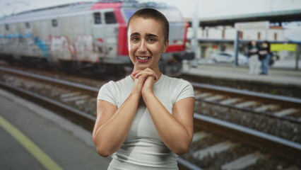 Fototapeta premium Woman with buzzcut clasping hands near chest, teary eyes by a train on a street platform; anxiety plea.