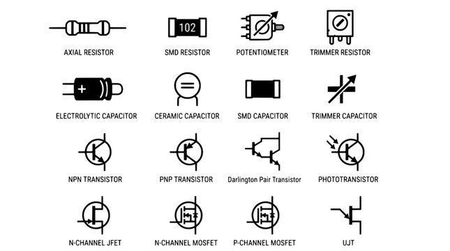 Electronic components symbols set with resistors, capacitors, and transistors featuring axial resistor, SMD resistor, potentiometer with trimmer
