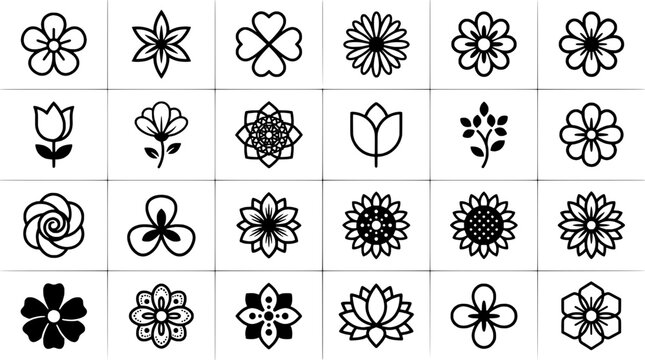 Flower icons grid with simple line art and ornamental mandala petals, arranged in multiple decorative bloom silhouettes
