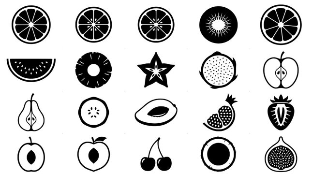 Fruit icons collection featuring citrus slices, star fruit, berries, cherries, and tropical fruit silhouettes in black style