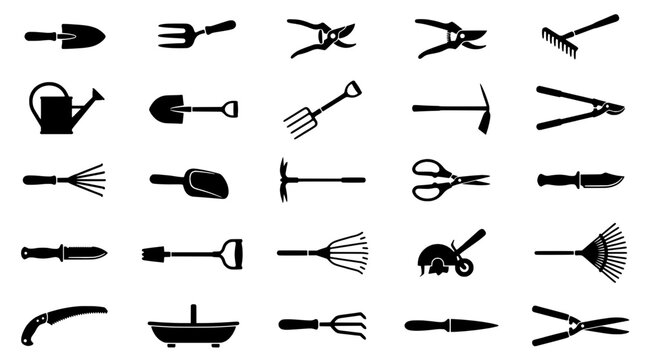 Gardening tools set with various implements for yard work and plant care featuring shovel, rake, pruning shears with watering can and spade elements